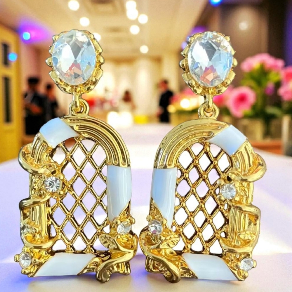 Romantic English Rose Garden Lattice Rose  Window Crystal Earrings